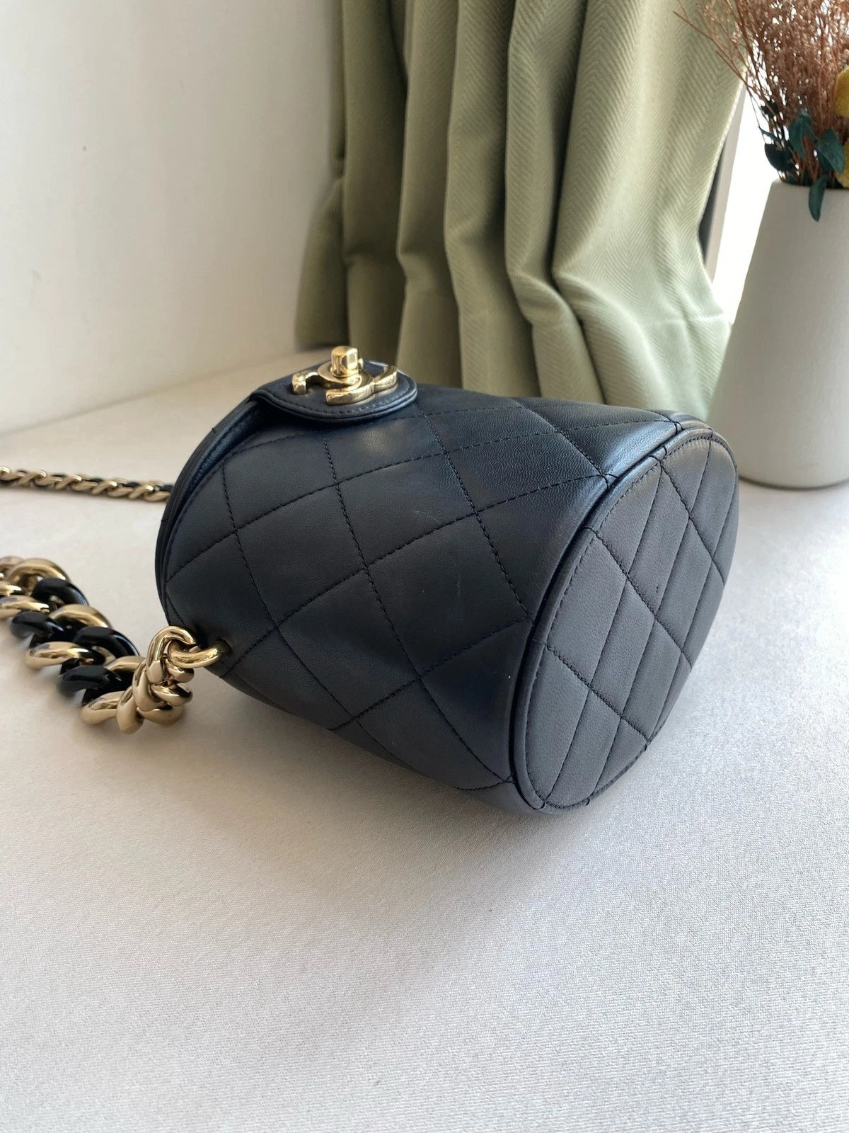 CHANEL Black Gold Vanity Case Mini Bucket Bag For Women