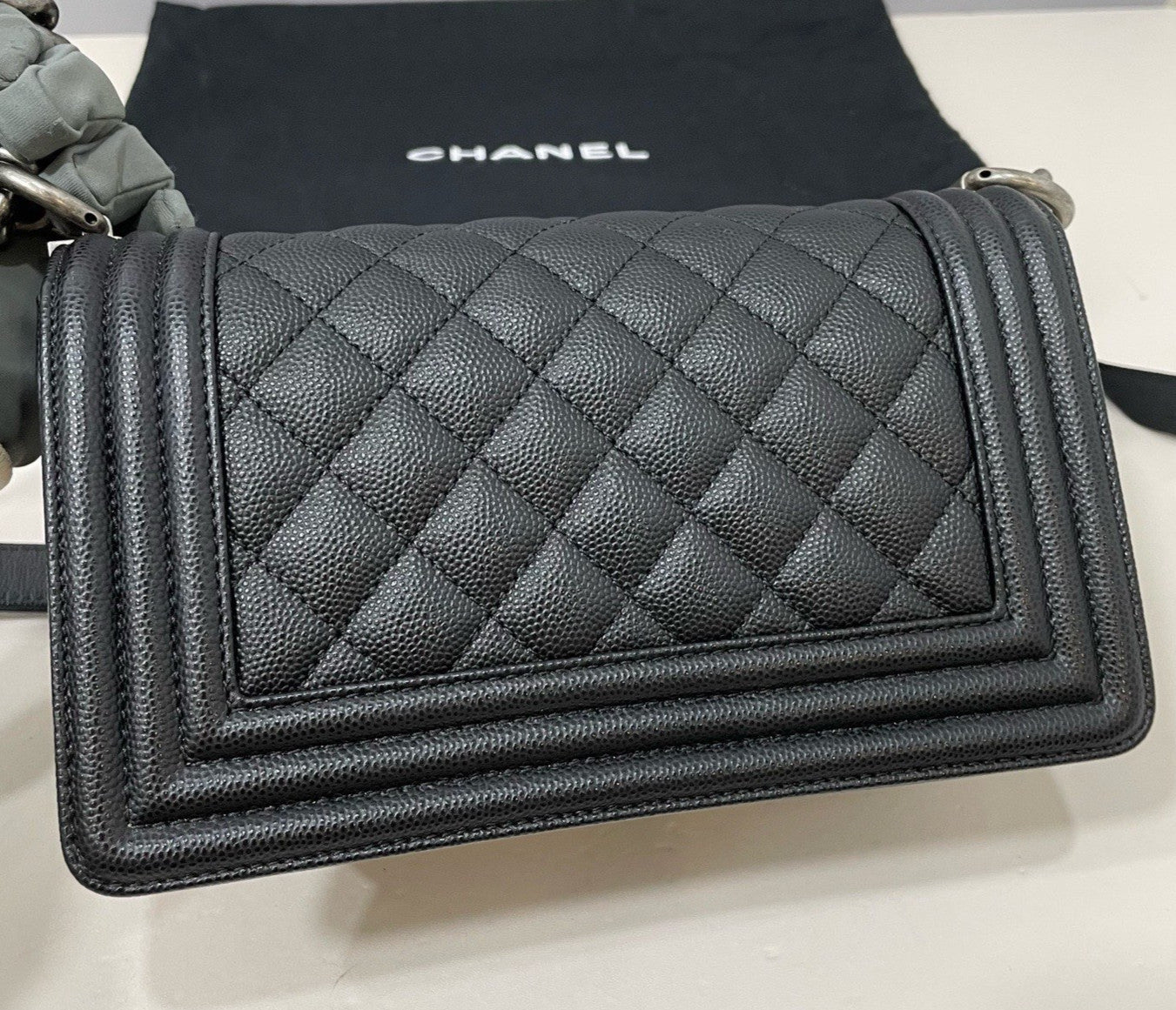 Chanel Leboy PM Calfskin Chain Shoulder Bag Black Silver Women Diamond Classic