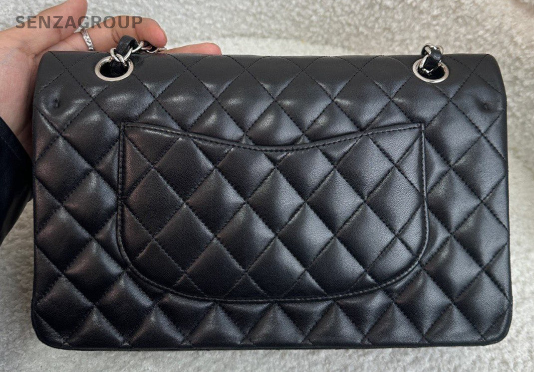 Chanel Classic Flap MM Chain Shoulder Bag Black Silver Women Designer Diamond