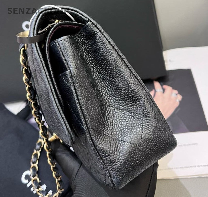 Chanel Classic Flap MM Chain Shoulder Bag Black Gold Diamond Women Fashion