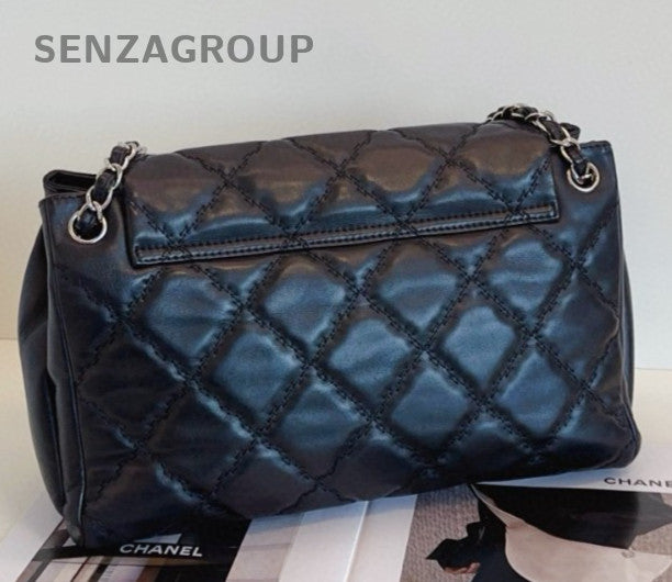 Chanel Diamond Chain Calfskin Shoulder Bag Black Silver Women Classic Fashion