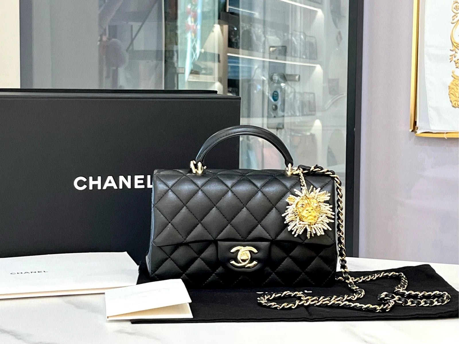 CHANEL CF Big Mini Top Handle Bag Black Lambskin For Women