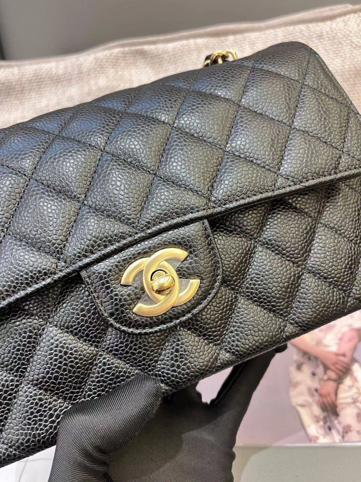 Chanel Classic Flap PM Calfskin Chain Shoulder Crossbody Black Gold Women