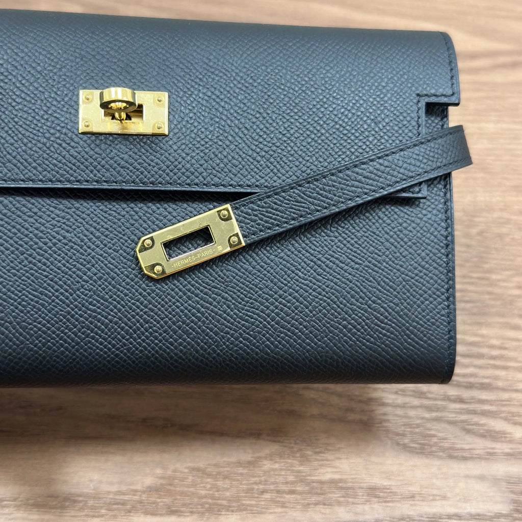Hermes Kelly Long Wallet Black Gold Used Women Fashion Classic