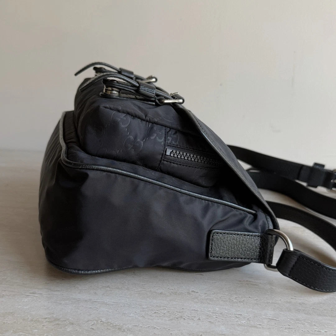 Gucci Monogram Nylon Black Messenger Shoulder Bag Crossbody Silver Hardware