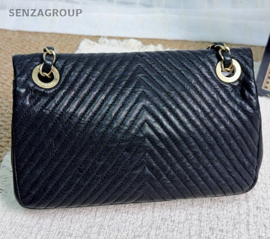 Chanel Classic Flap PM Chain Shoulder Bag Crossbody Chevron Black Gold Women