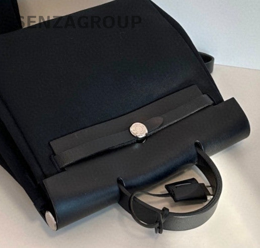 Hermes Herbag Canvas Backpack Black Silver Used Women Classic Vintage