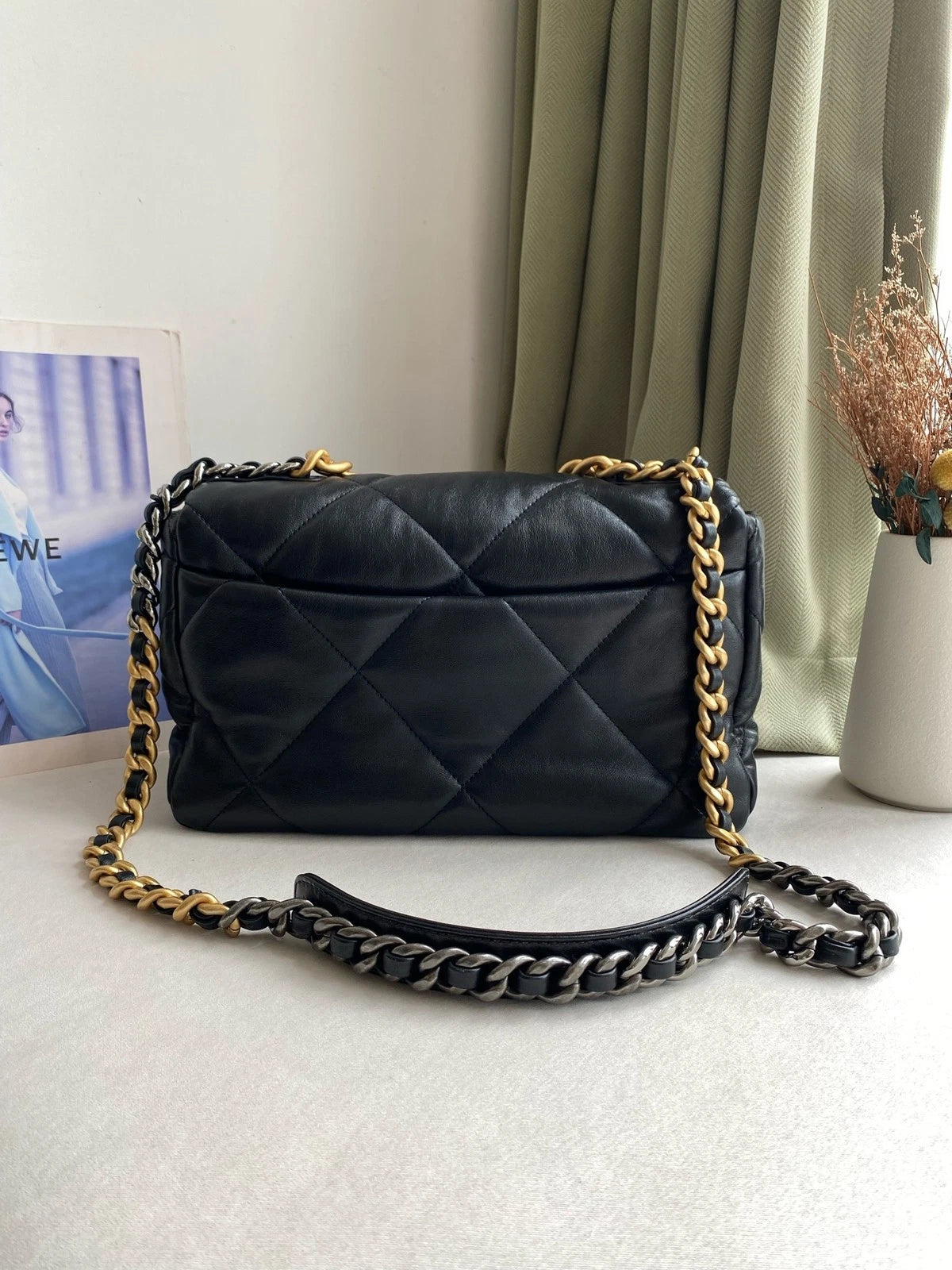 Chanel 19Bag Medium Black Gold Shoulder Crossbody Handbag For Women