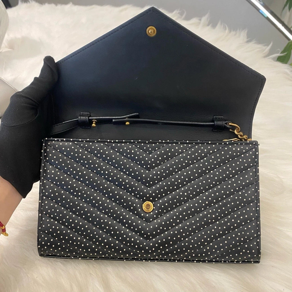 YSL Saint Laurent Polka Dot Envelope Chain Shoulder Crossbody Black Gold
