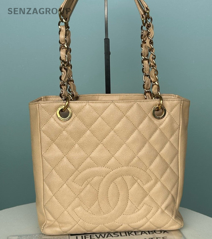 Chanel PST Chain Calfskin Diamond Shoulder Bag Beige Gold Women Classic