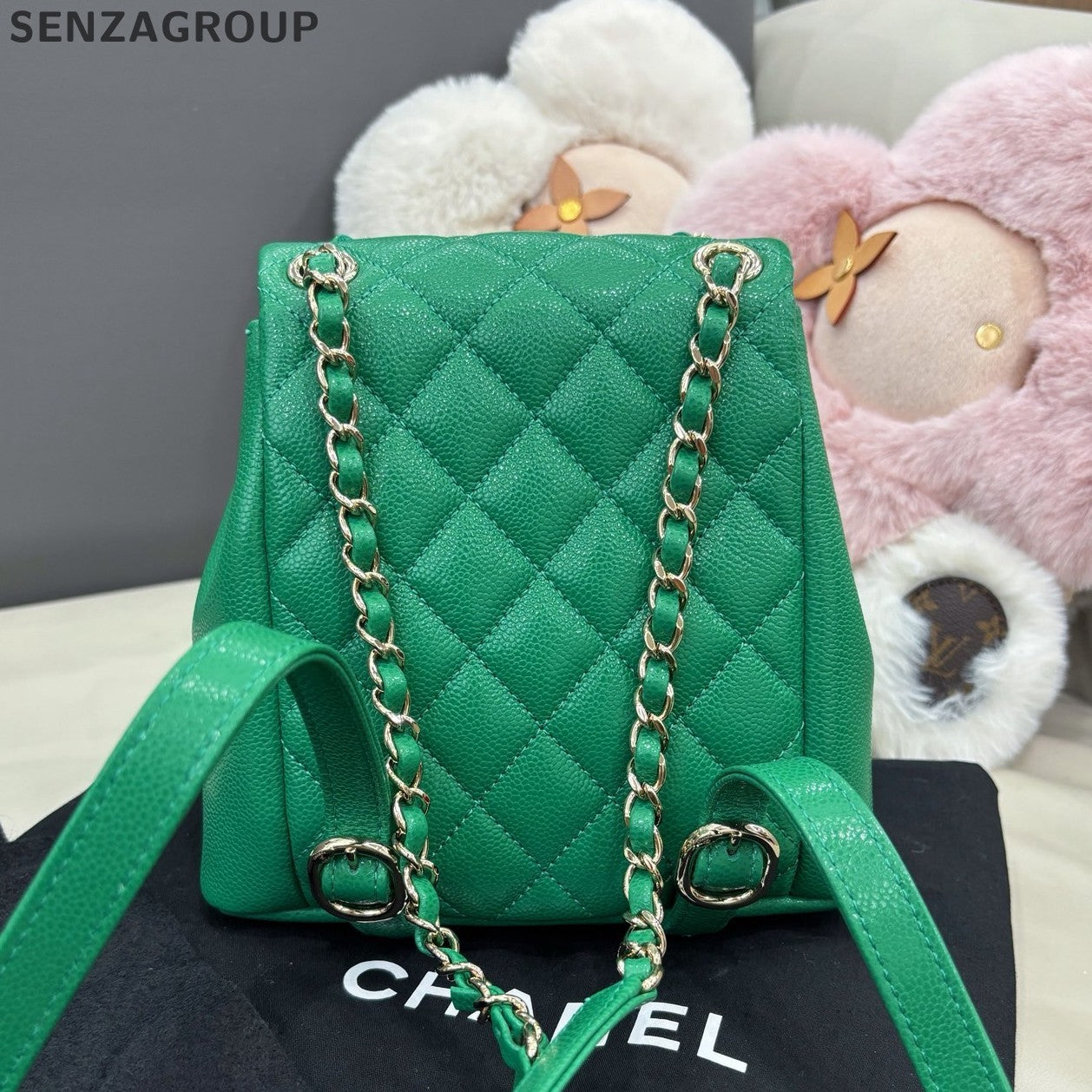 Chanel Duma PM Calfskin Chain Backpack Green Gold Diamond Women Classic
