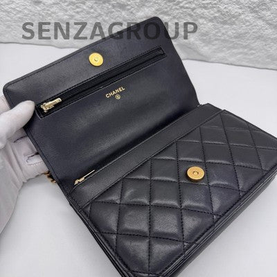 Chanel 22K Black Gold WOC Chain Shoulder Crossbody Bag Quilted Pattern