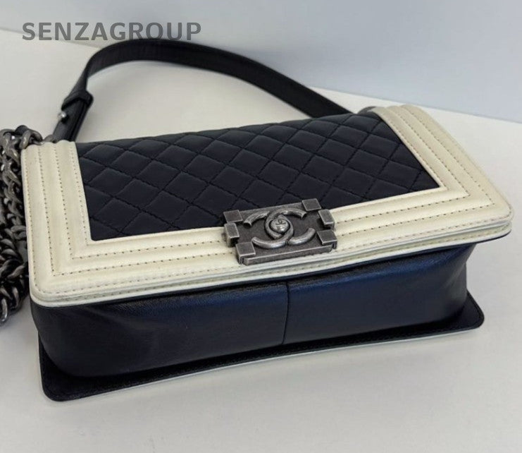 Chanel Leboy MM Lambskin Chain Shoulder Bag Black White Silver Women Classic