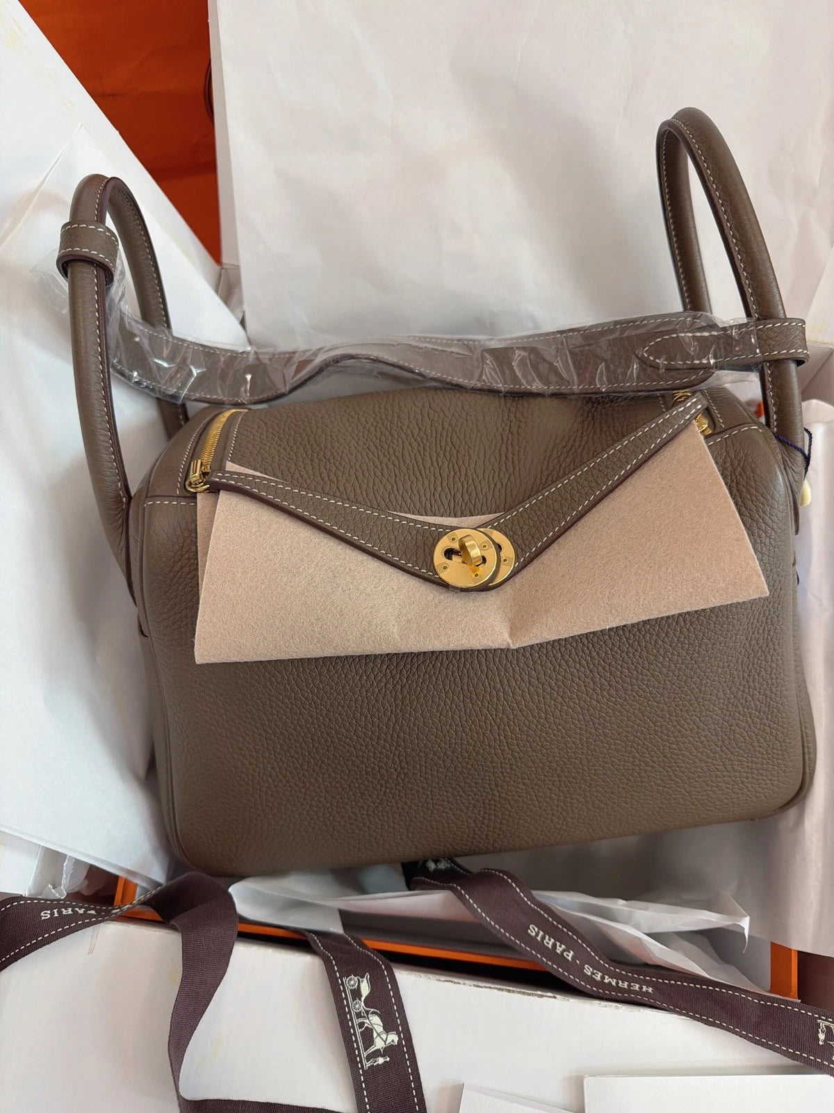 Hermes Lindy30 Top Handle Shoulder Bag Gray Gold Used Women Fashion Classic
