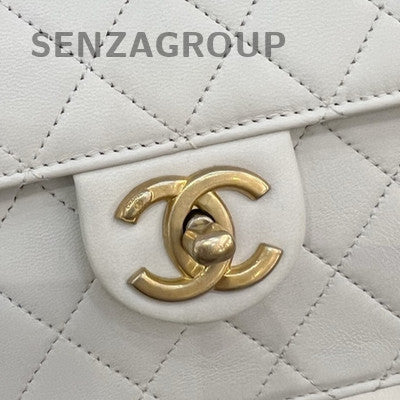 Chanel Classic Flap Vertical Pearl Chain Shoulder Bag White Gold