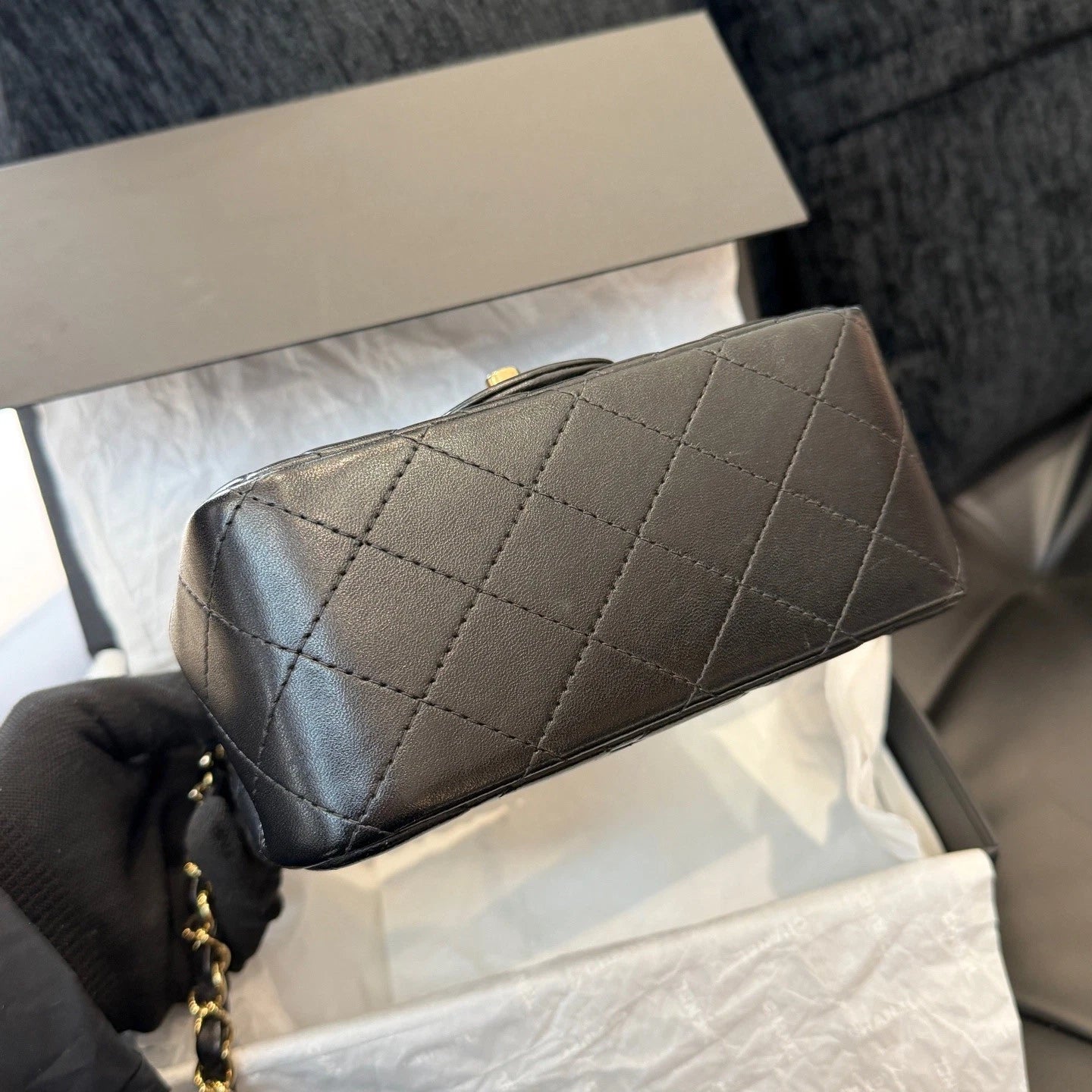 Chanel Classic Flap Lambskin Chain Shoulder Crossbody Black Gold Women Diamond