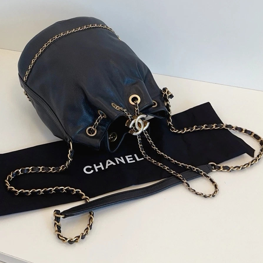 Chanel Greece Line Bucket Soft Calfskin Crossbody Bag Black Gold Women