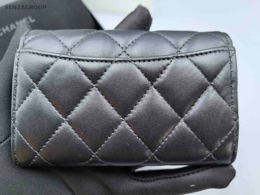 Chanel Diamond Calfskin Wallet Black Gold Used Women Classic Fashion