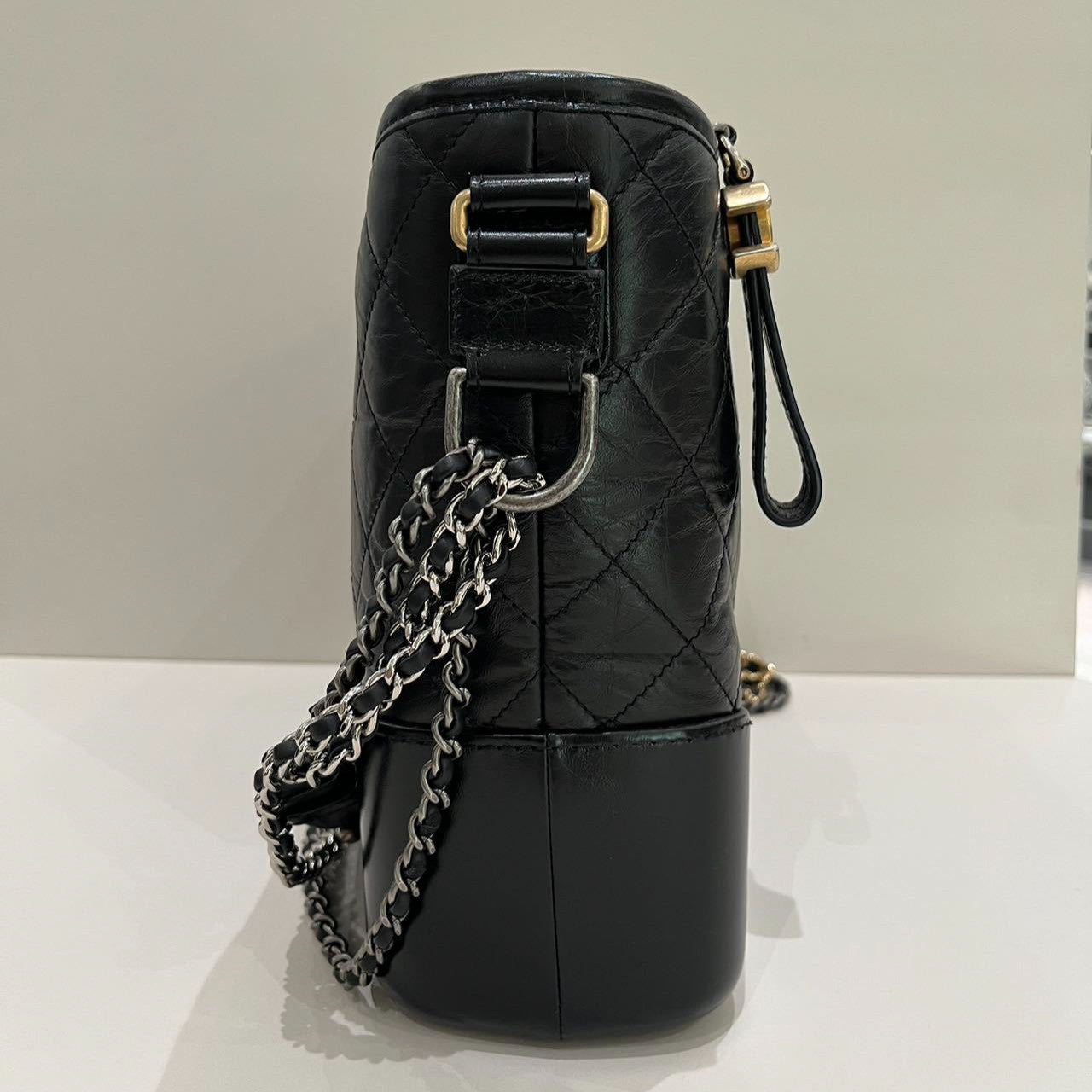 Chanel Gabrielle Medium Chevron Chain Shoulder Bag Black Gold Women's