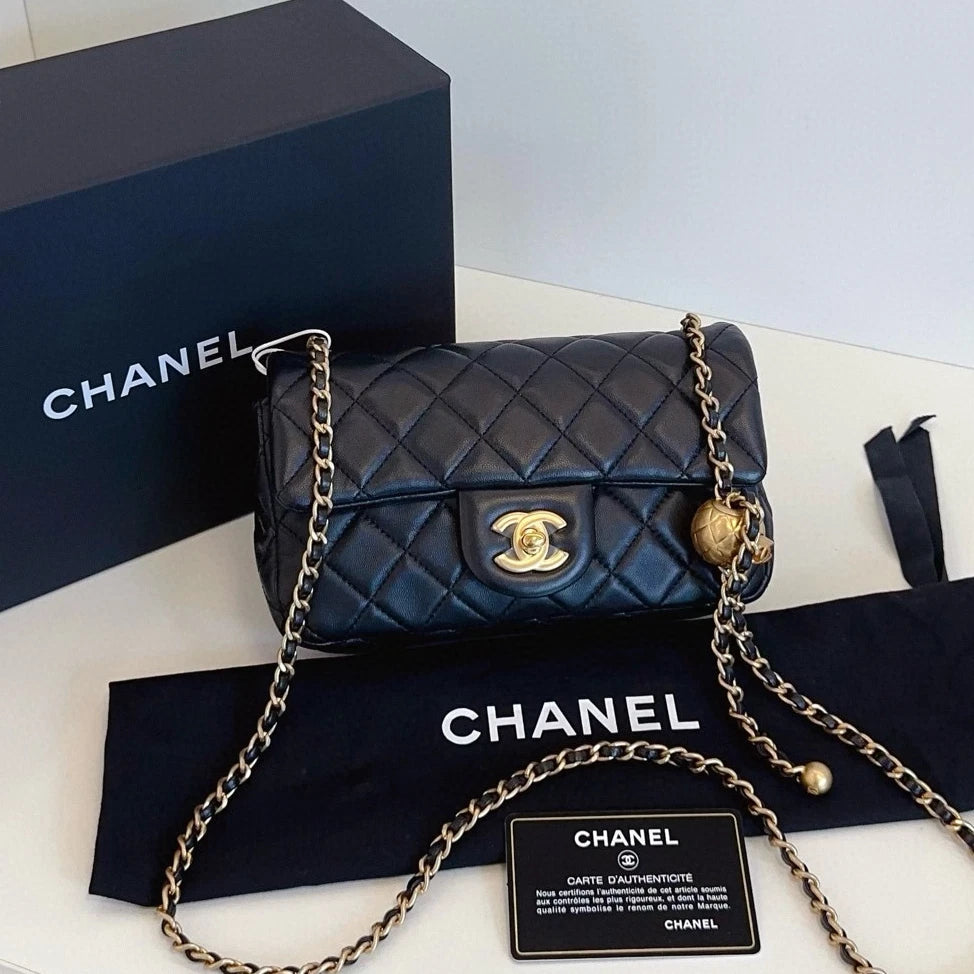 Chanel Classic Flap Mini Chain Shoulder Crossbody Black Gold Women Diamond