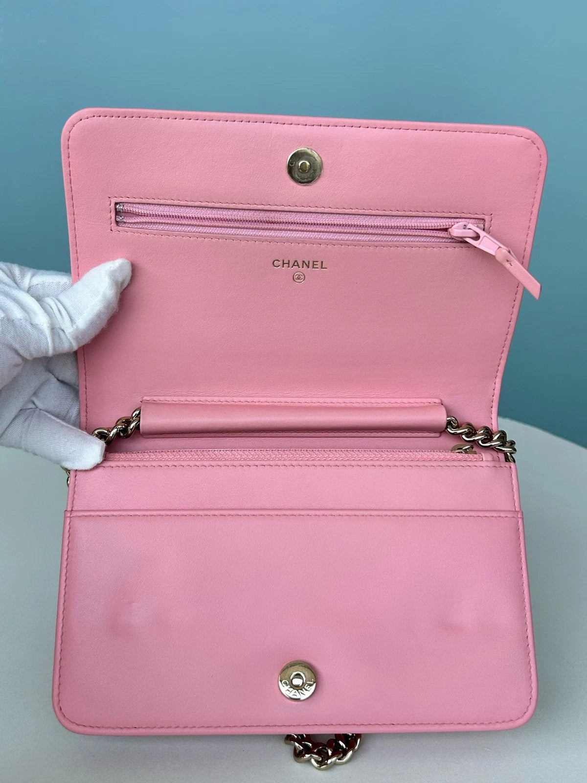 Chanel Leboy WOC Chain Calfskin Shoulder Crossbody Pink Silver Women Classic