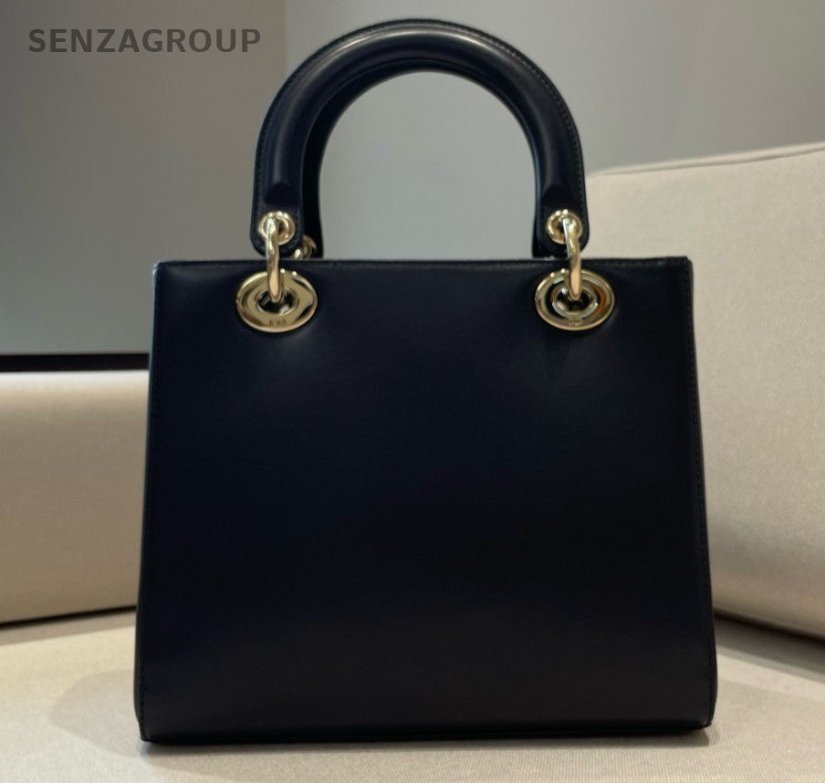 Christian Dior Lady Dior 2Way Top Handle Bag Black Blue Gold Women Classic