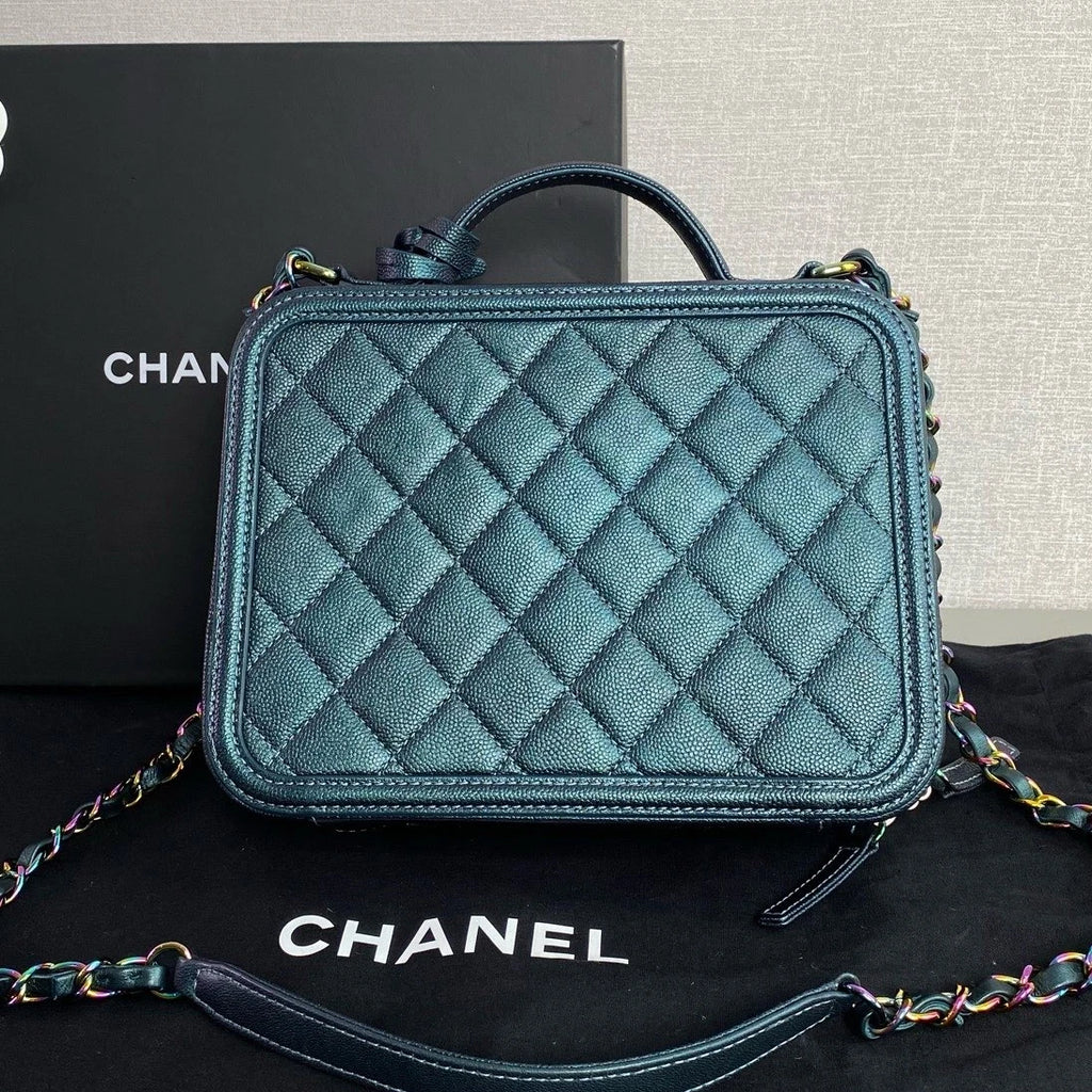 Chanel Vanity Case Chain Top Handle Crossbody Blue Iridescent Metallic Women