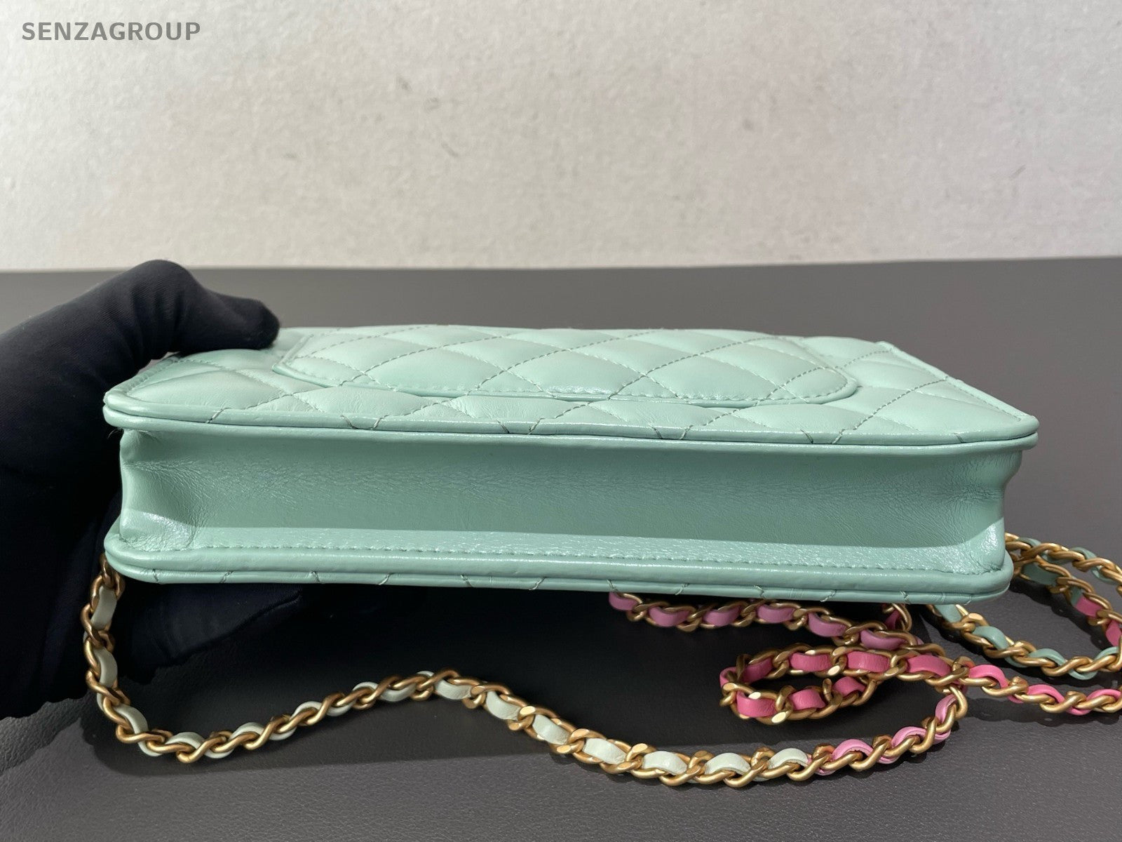 Chanel WOC Diamond Rainbow Chain Top Handle Bag Crossbody Green Gold Women