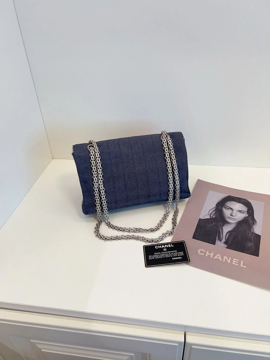 CHANEL Grey-blue Denim 2.55 Flap Chain Shoulder Bag For Women