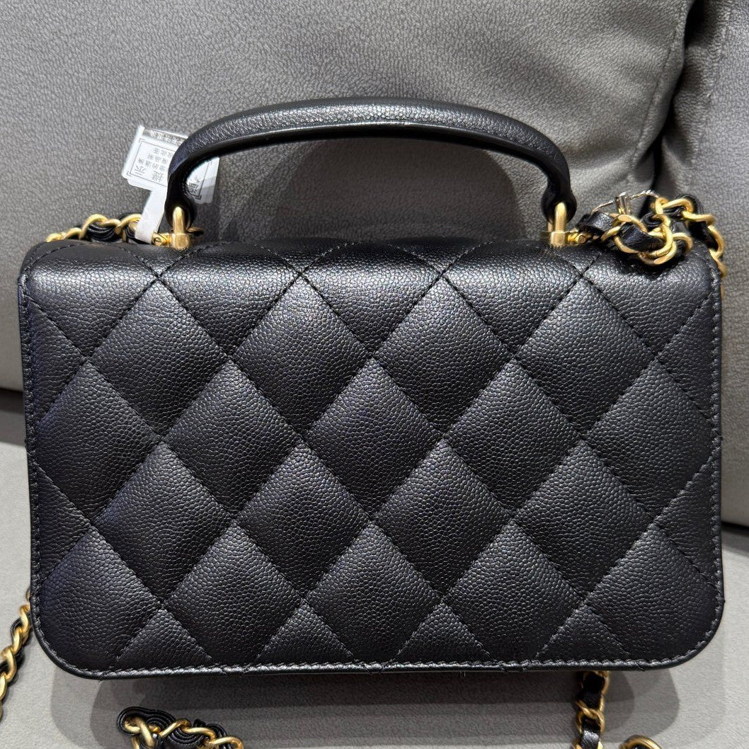 Chanel 23B Black Gold Quilted Classic Flap Bag Chain Shoulder Tote