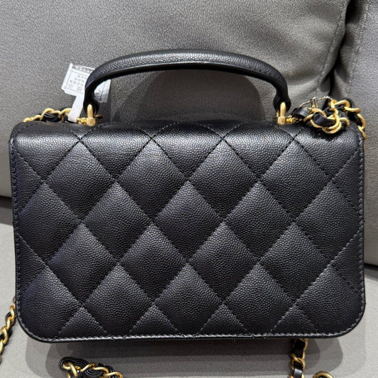 Chanel 23B Black Gold Quilted Classic Flap Bag Chain Shoulder Tote