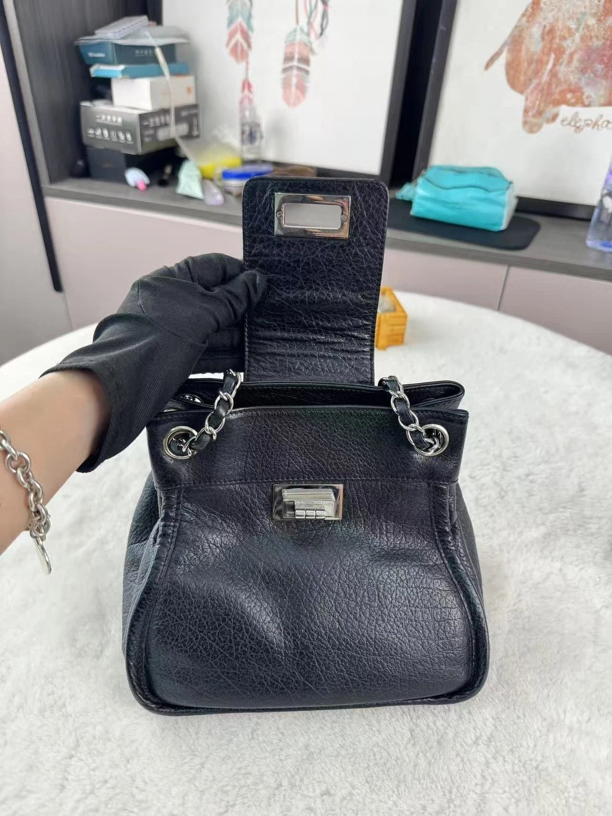 CHANEL Black Silver Chain Shoulder Bag For Women