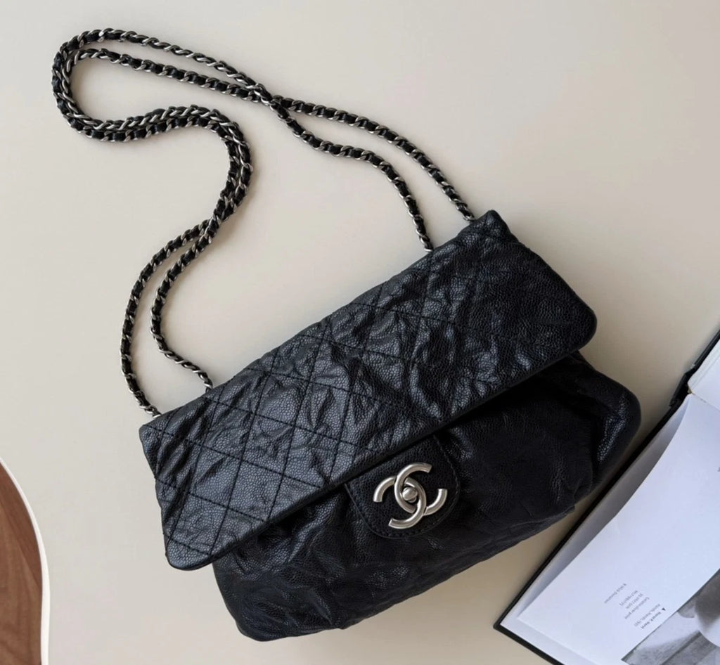 Chanel Classic Flap Chain Diamond Shoulder Bag Crossbody Black Silver Women