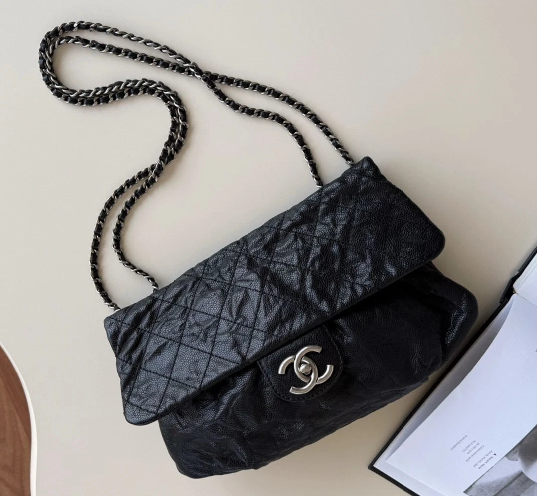 Chanel Classic Flap Chain Diamond Shoulder Bag Crossbody Black Silver Women