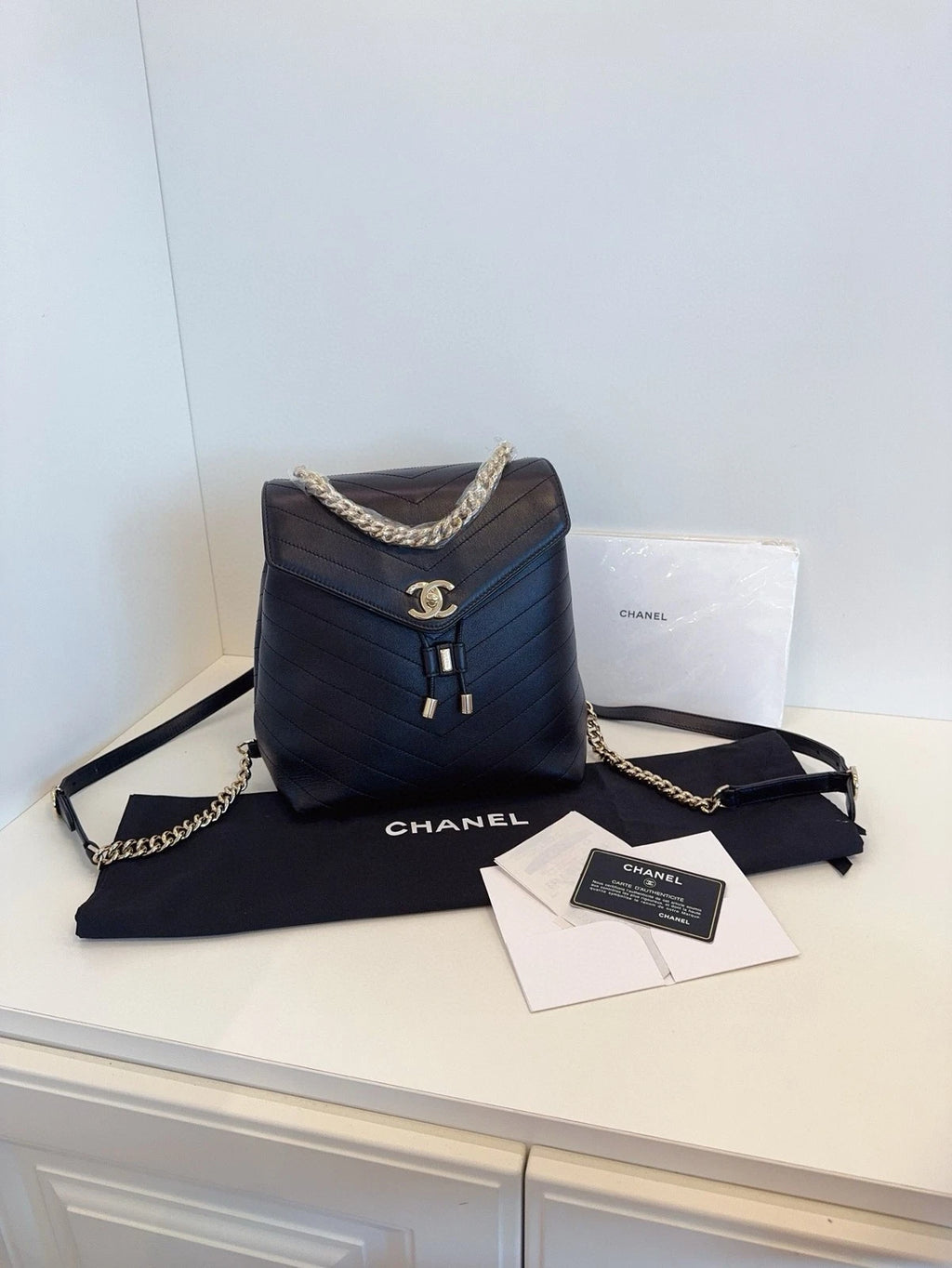 CHANEL Black Gold Calfskin V Pattern Backpack For Women