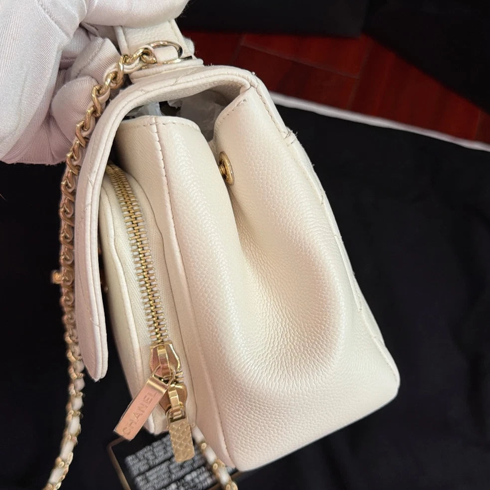 Excellent Chanel Affinity PM White Top Handle Bag Gold Chain Crossbody Diamond