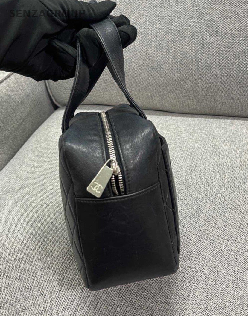 CHANEL Vintage Diamond Pattern Top Handle Handbag Black Classic Women