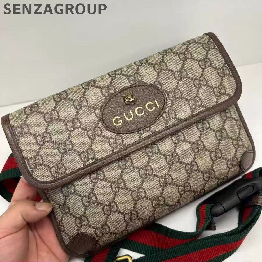GUCCI Tiger Head Waist Bag Monogram Crossbody Unisex Classic Brown