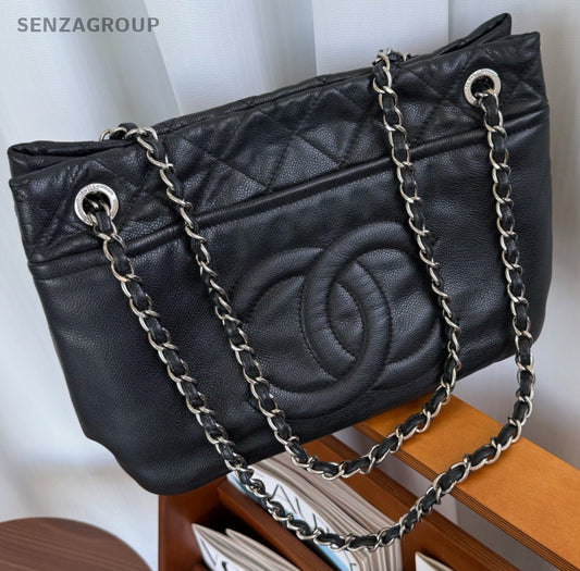 CHANEL CC Relief carving Calfskin Tote Chain Shoulder bag Black Silver Women