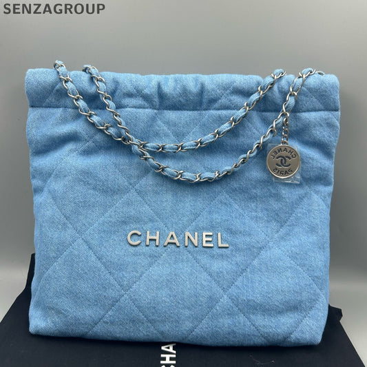 Chanel 22 Bag Denim Small Blue Silver Chain Crossbody Shoulder Bag