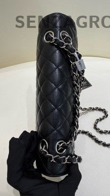 Chanel CF Black Silver Medium Chain Shoulder Bag Quilted Pattern Women Fashion