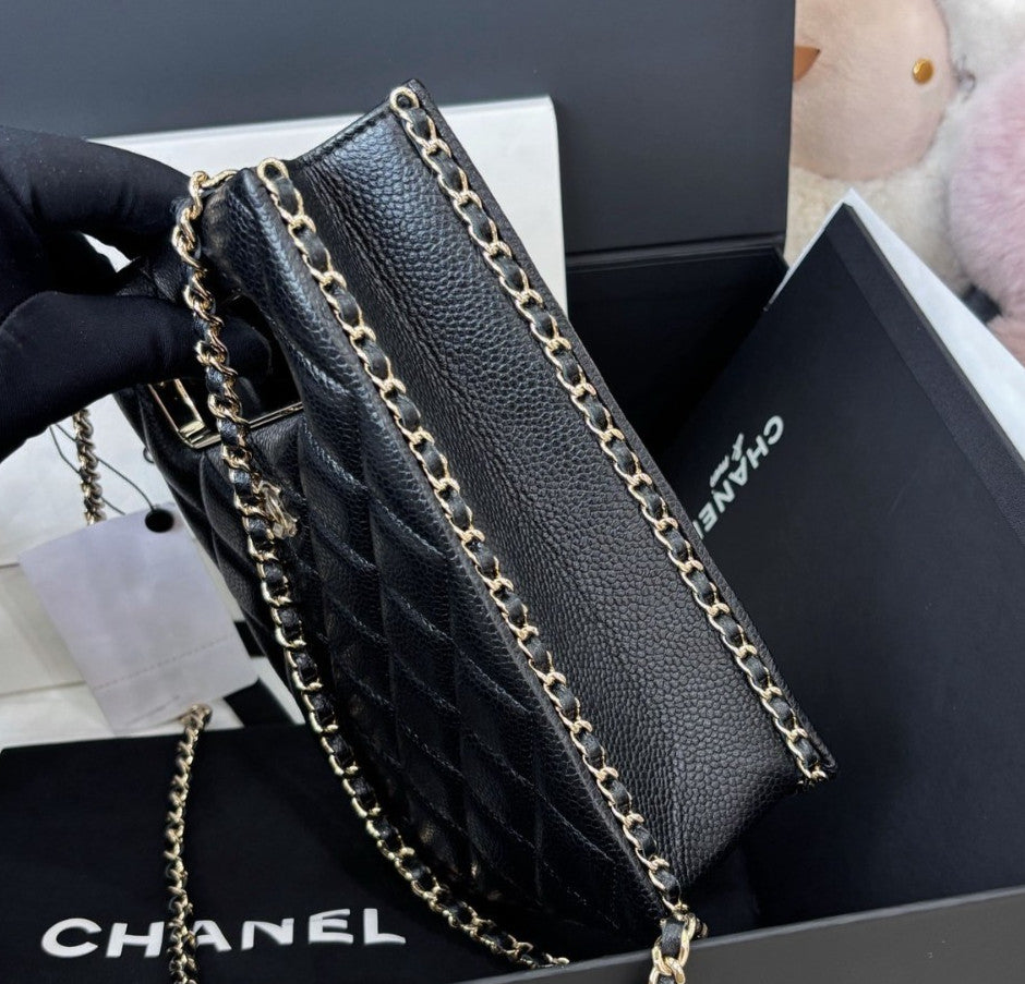 Chanel Lambskin Tote Chain Shoulder Bag Black Gold Diamond Women Classic