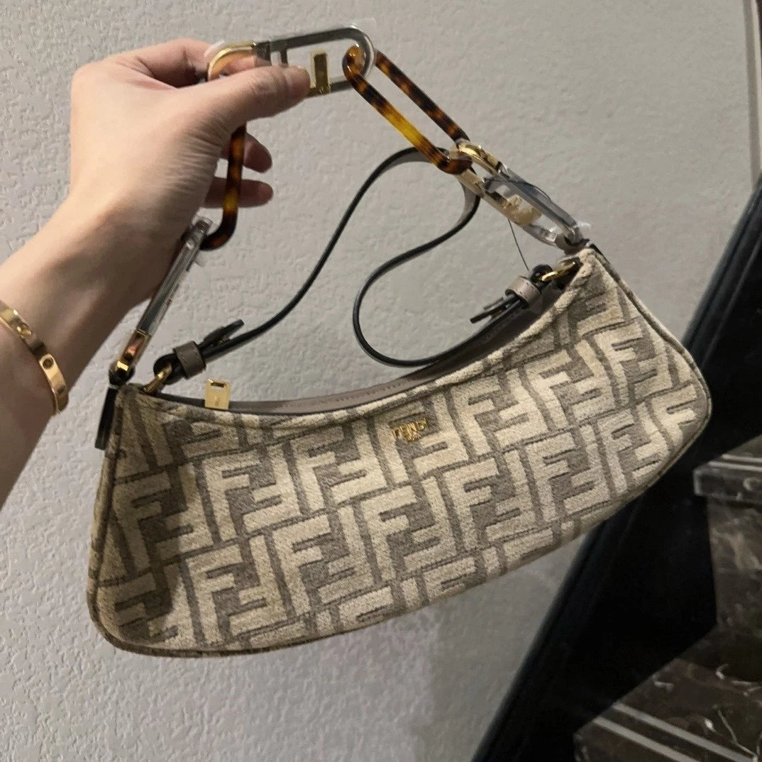FENDI FF Monogram Canvas Crescent Shoulder Handbag For Women