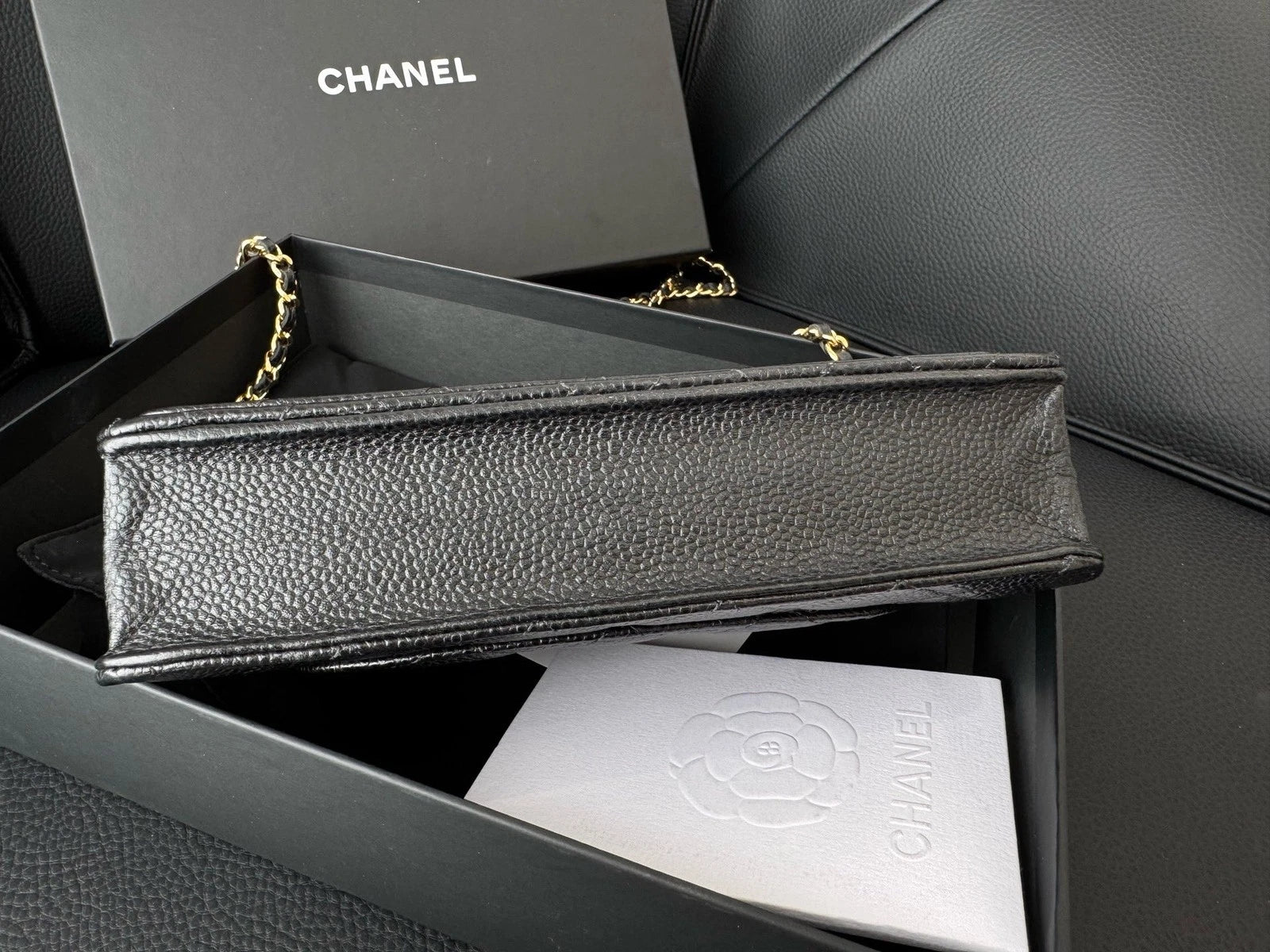 Chanel Calfskin WOC Chain Shoulder Bag Crossbody Women Black Gold Diamond