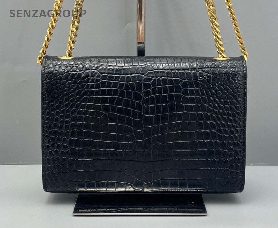 YSL Saint Laurent Kate PM Alligator pattern Chain Shoulder bag Black Gold Women