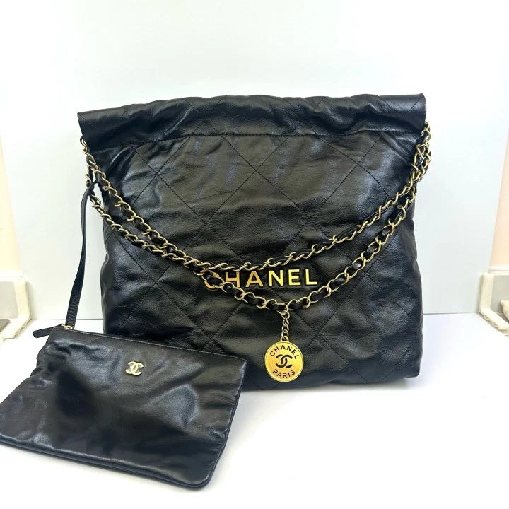 CHANEL 22Bag Small Tote Black Calfskin Gold Hardware For Women