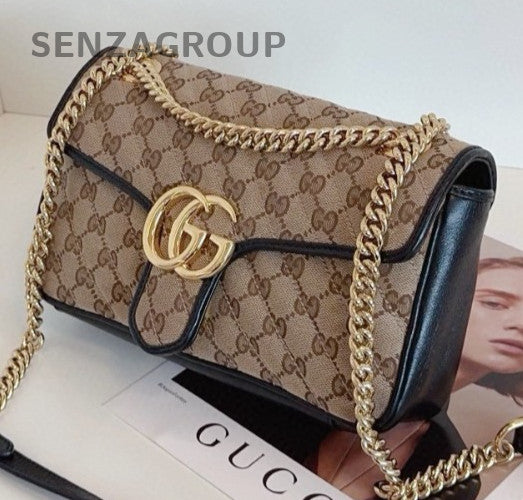 Gucci Marmont Canvas Chain Shoulder Bag Crossbody Brown Gold Women Classic