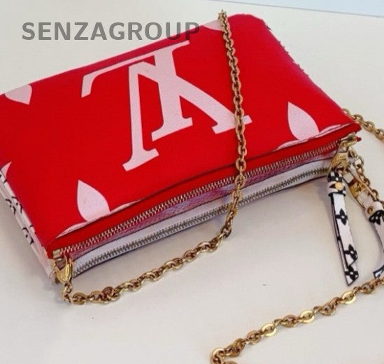 Louis Vuitton Pochette Double Zip Chain Shoulder Bag Red Gold Women Classic