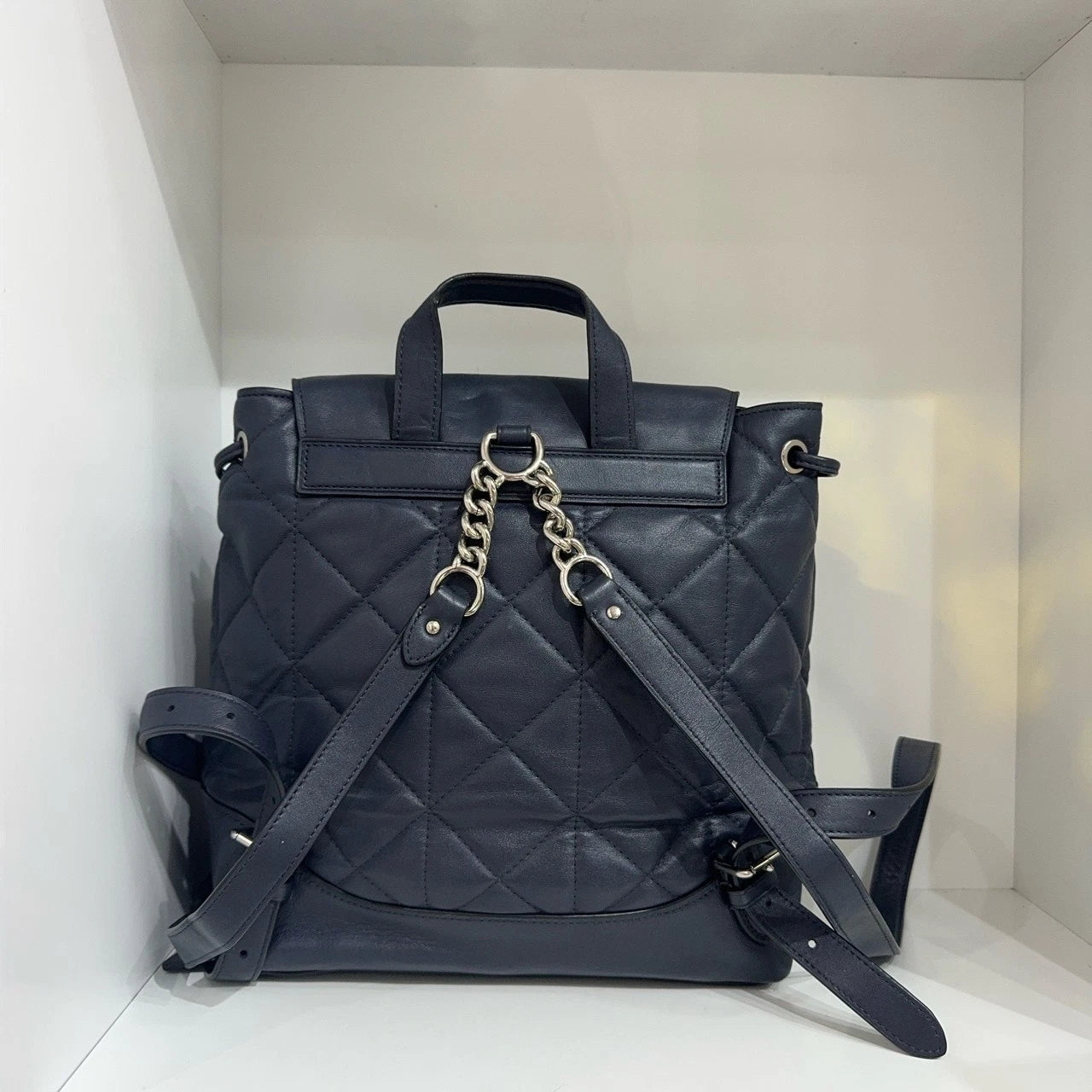 COACH Elle 25 Diamond Quilted Fabric Leather Flap Backpack Women Navy