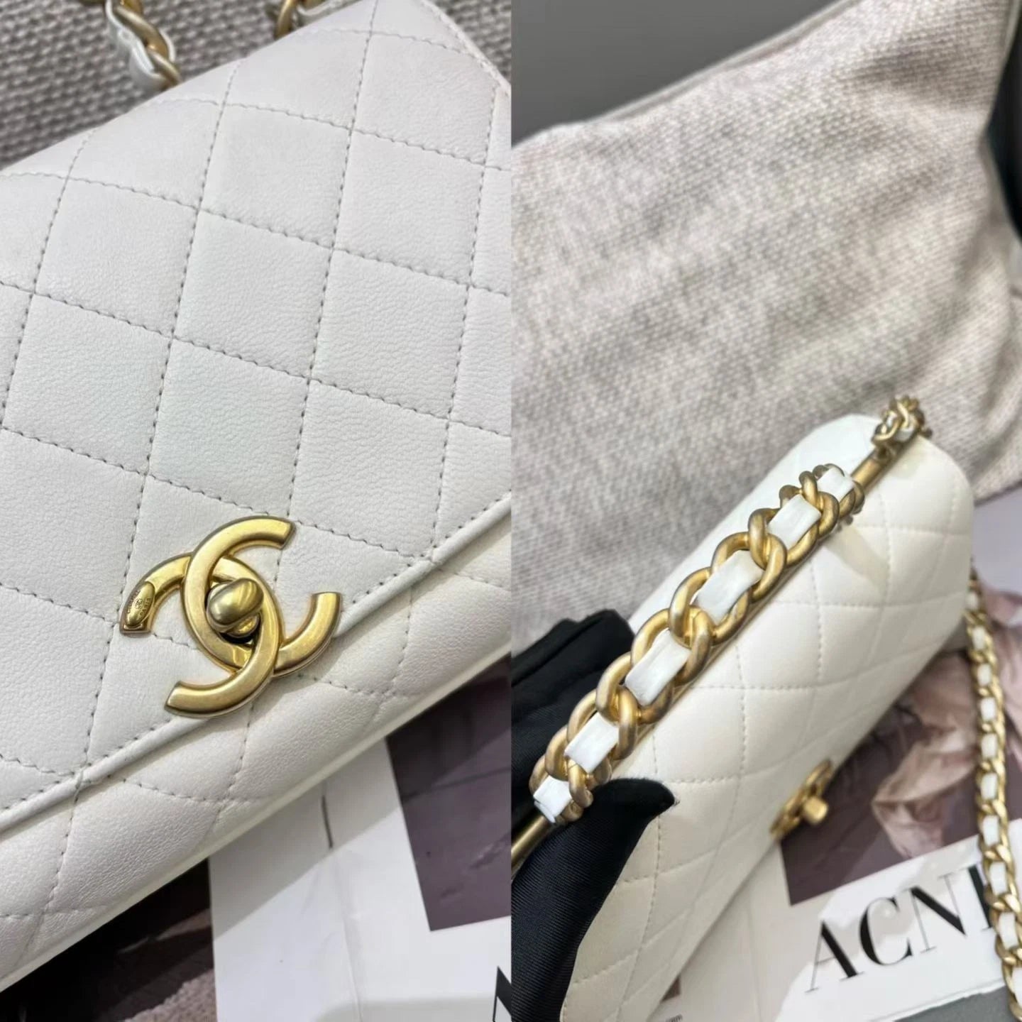 Chanel Diamond Chain Top Handle Crossbody White Gold Women Classic